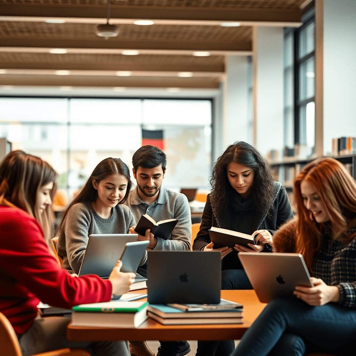 A group of students studying with laptops and books in a cozy university library, featuring subtle German cultural elements in the background.